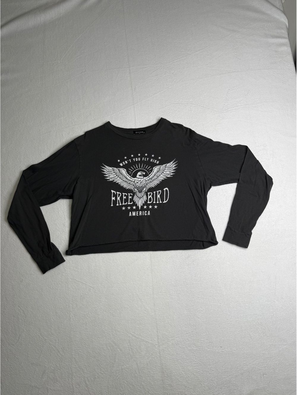 Zutter Free Bird America Eagle Graphic Cropped Long Sleeve Shirt Black